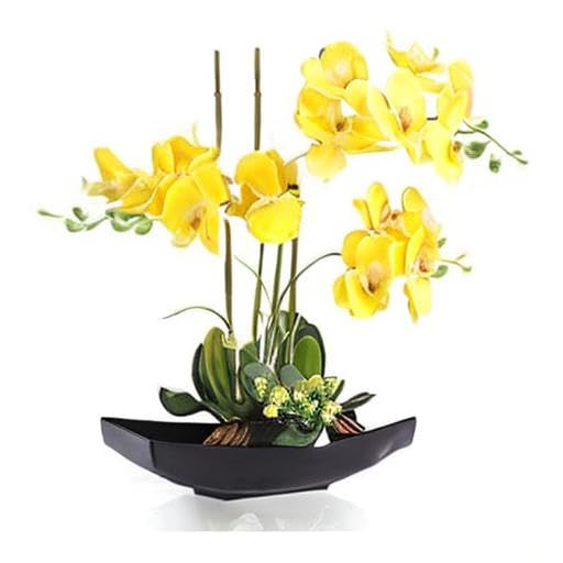 YOBANSA Real Touch Silk Orchid Artificial Flowers in Pot - Lifelike Phalaenopsis Fake Orchid Arrangement for Home Decor (Yellow) | Perfect for Living Room, Office & Wedding Centerpieces