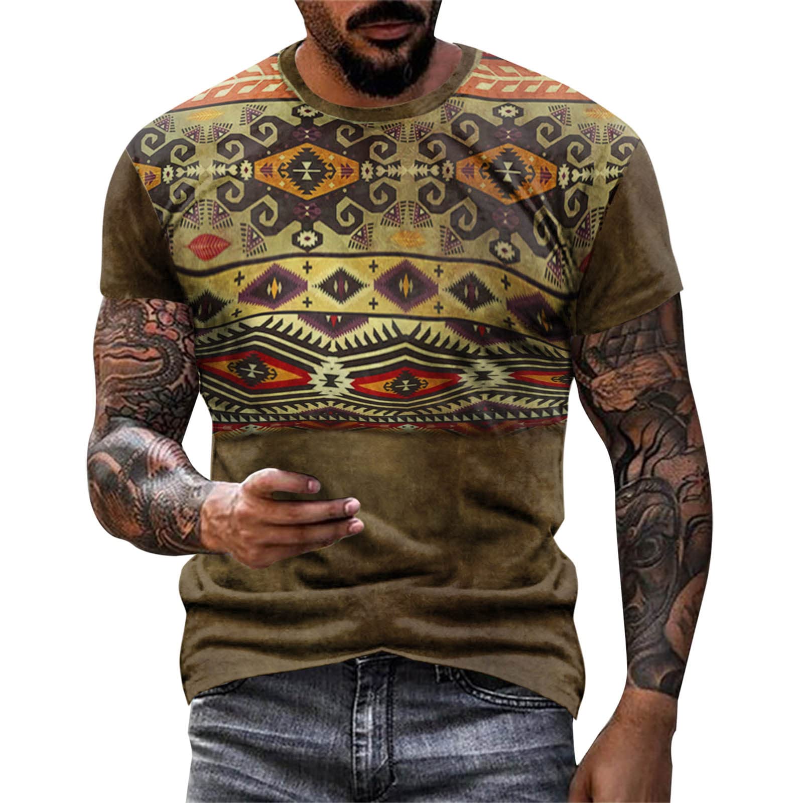 BEUU Men's 3D Aztec Boho Graphic Short Sleeve T-Shirt - Retro Muscle Casual Tee for Summer Streetwear | Perfect for Outdoor Activities, Music Festivals & Casual Wear