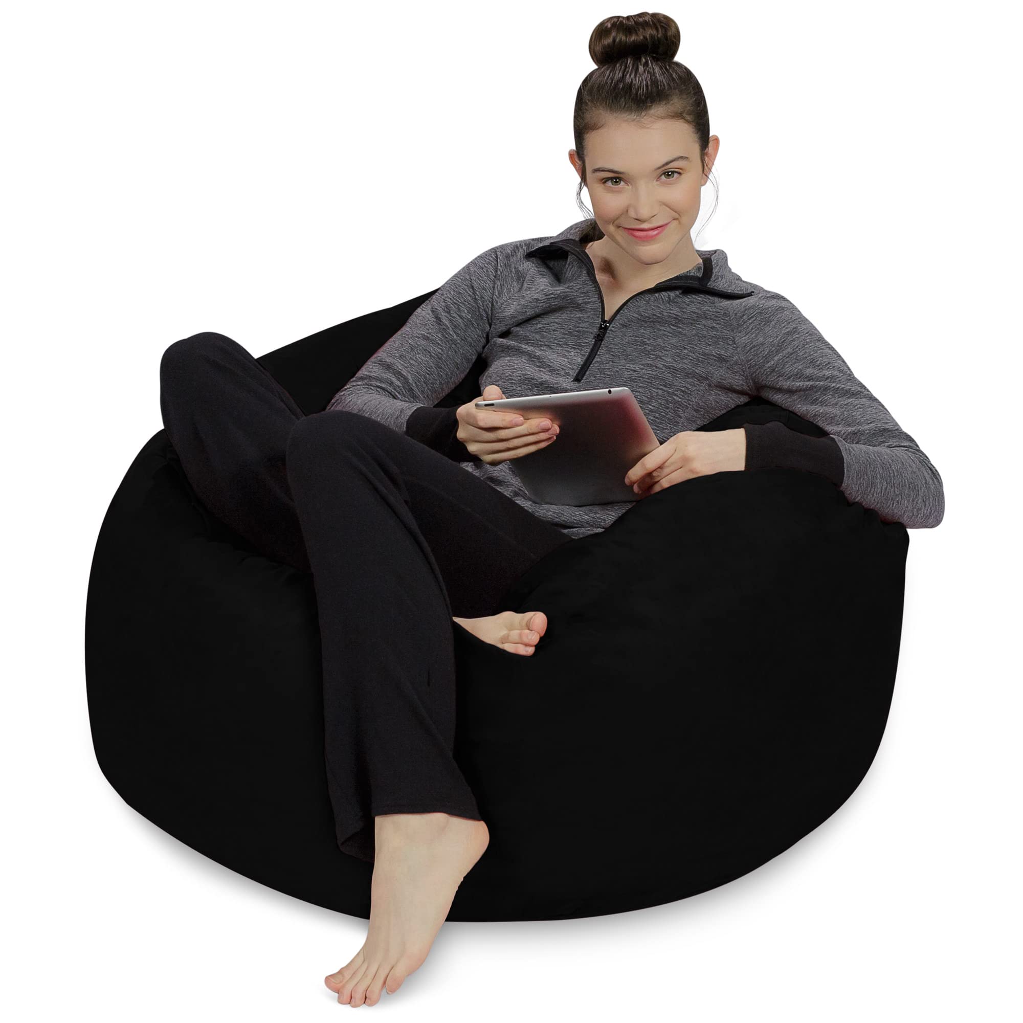 3' Memory Foam Bean Bag Chair with Soft Microfiber Cover - Comfortable Sofa Sack for Living Room, Bedroom & Game Room - Midnight Black - Perfect for Relaxing, Lounging & Gaming