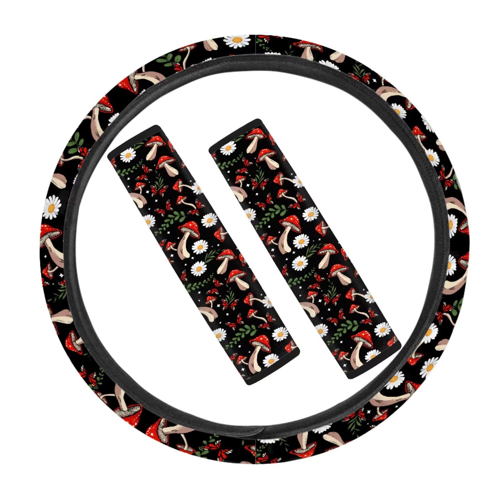 Aesthetic Mushroom Print Women's Steering Wheel Cover & Seat Belt Covers Set of 3 - Soft Polyester Fabric Car Interior Accessories for Comfort & Style - Perfect for Daily Commute, Road Trips & Gift Giving
