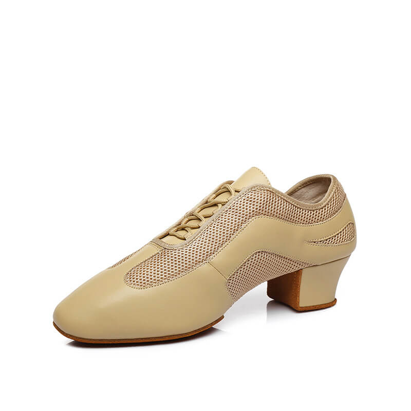 Beige Mesh Leather Latin Ballroom Dance Shoes for Women - Comfortable Practice Shoes for Salsa, Tango, Cha Cha - Perfect for Dance Classes & Performances