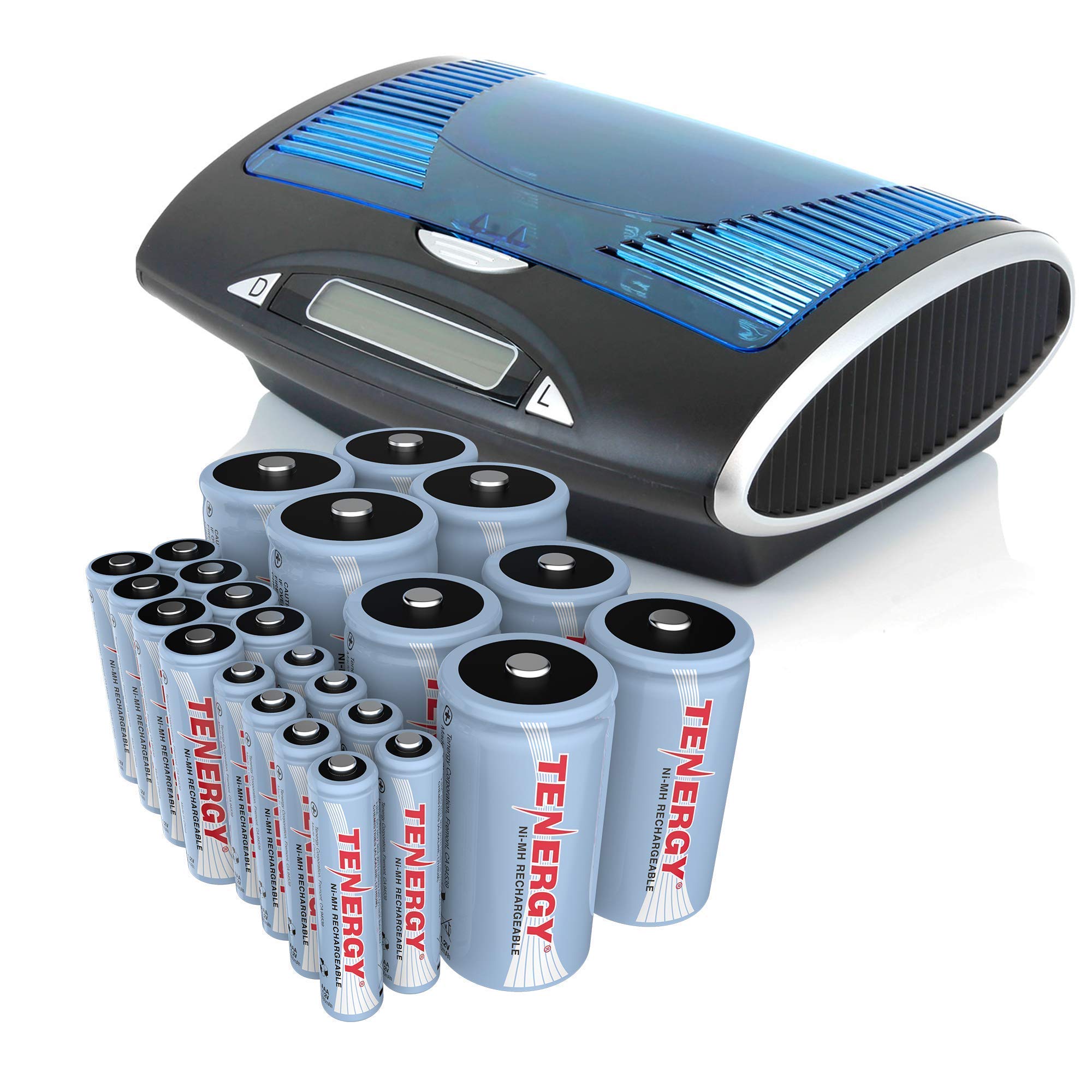 Tenergy 24 Pack Rechargeable Batteries with Charger - 8 AA, 8 AAA, 4 C, 4 D NiMH Batteries for Household Electronics | Perfect for Remote Controls, Toys, Flashlights & More