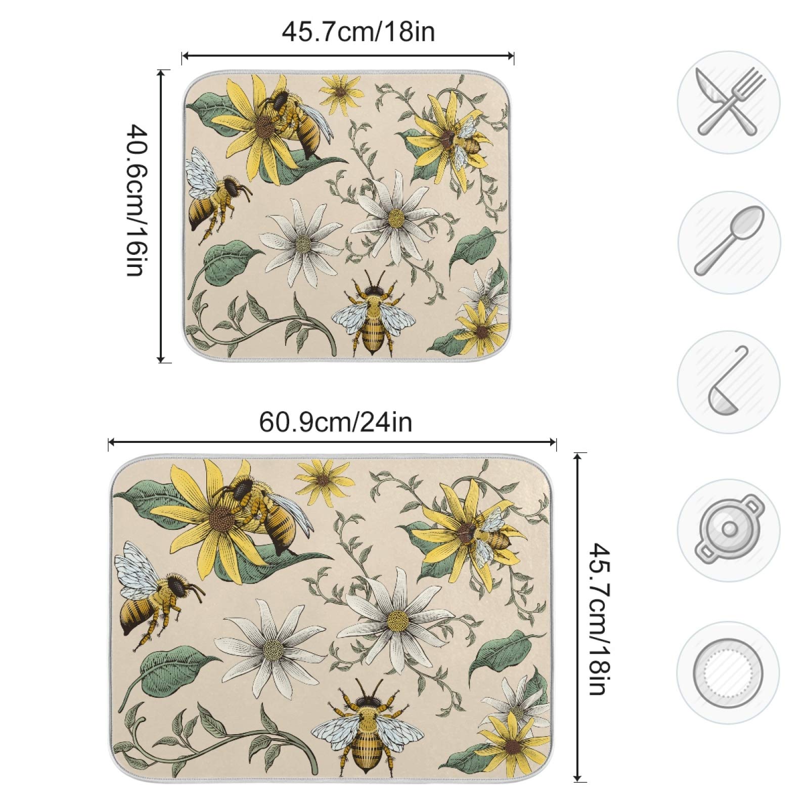 Retro Honey Bees and Flowers Dish Drying Mat - 18x24 Inch Soft, Foldable, Absorbent Kitchen Countertop Pad | Perfect for Drying Dishes, Utensils, and Protecting Countertops