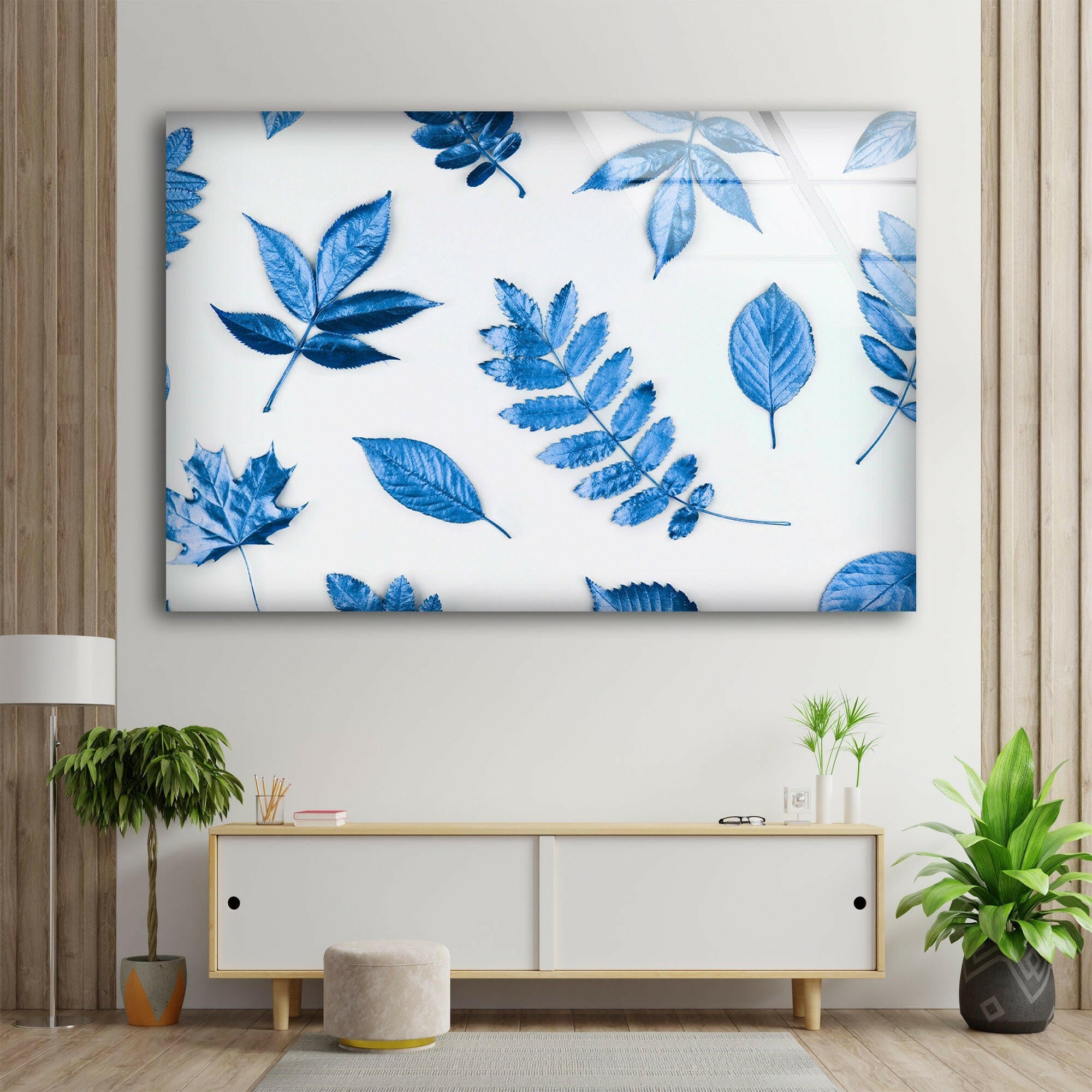 Blue Leaves Glass Wall Art - Handmade Stained Glass Decor for Home & Office - Perfect for Living Room, Bedroom, and Window Decorations