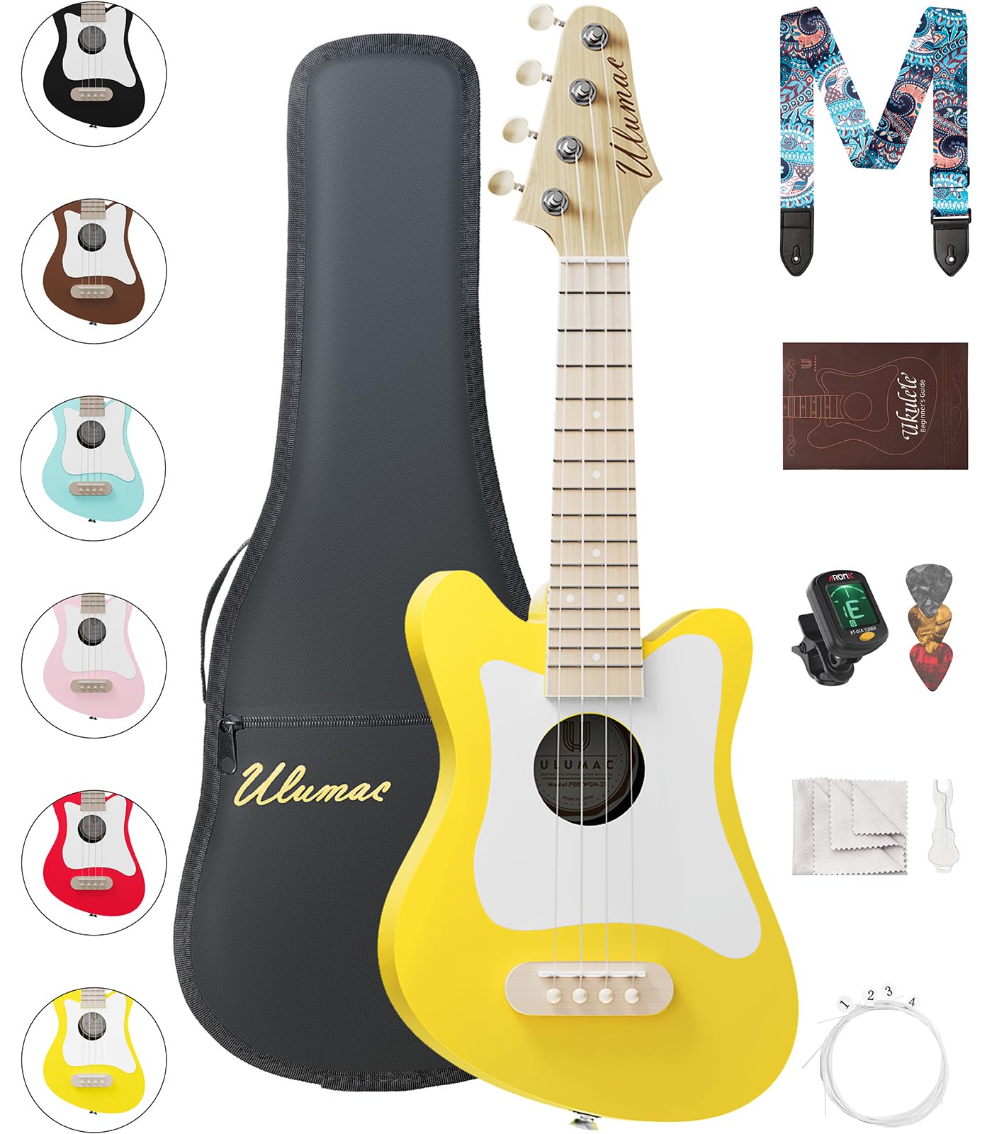 21.5 Inch Soprano Ukulele Beginner Kit with Gig Bag, Digital Tuner & Accessories - Spruce Wood with White Pickguard, Yellow Finish (P005WYE) - Perfect for Beginners, Travel, Beach Performances & Music Lessons