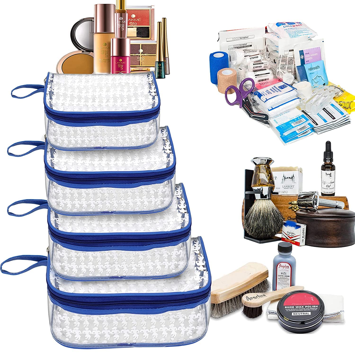 PRISMAXIC 4-Piece Set of Clear Travel Toiletry Bags with Handles - Waterproof Cosmetic Organizer Pouch for Makeup, Shampoo, Skincare - Perfect for Air Travel, Gym, Beach & Vacation (Blue)