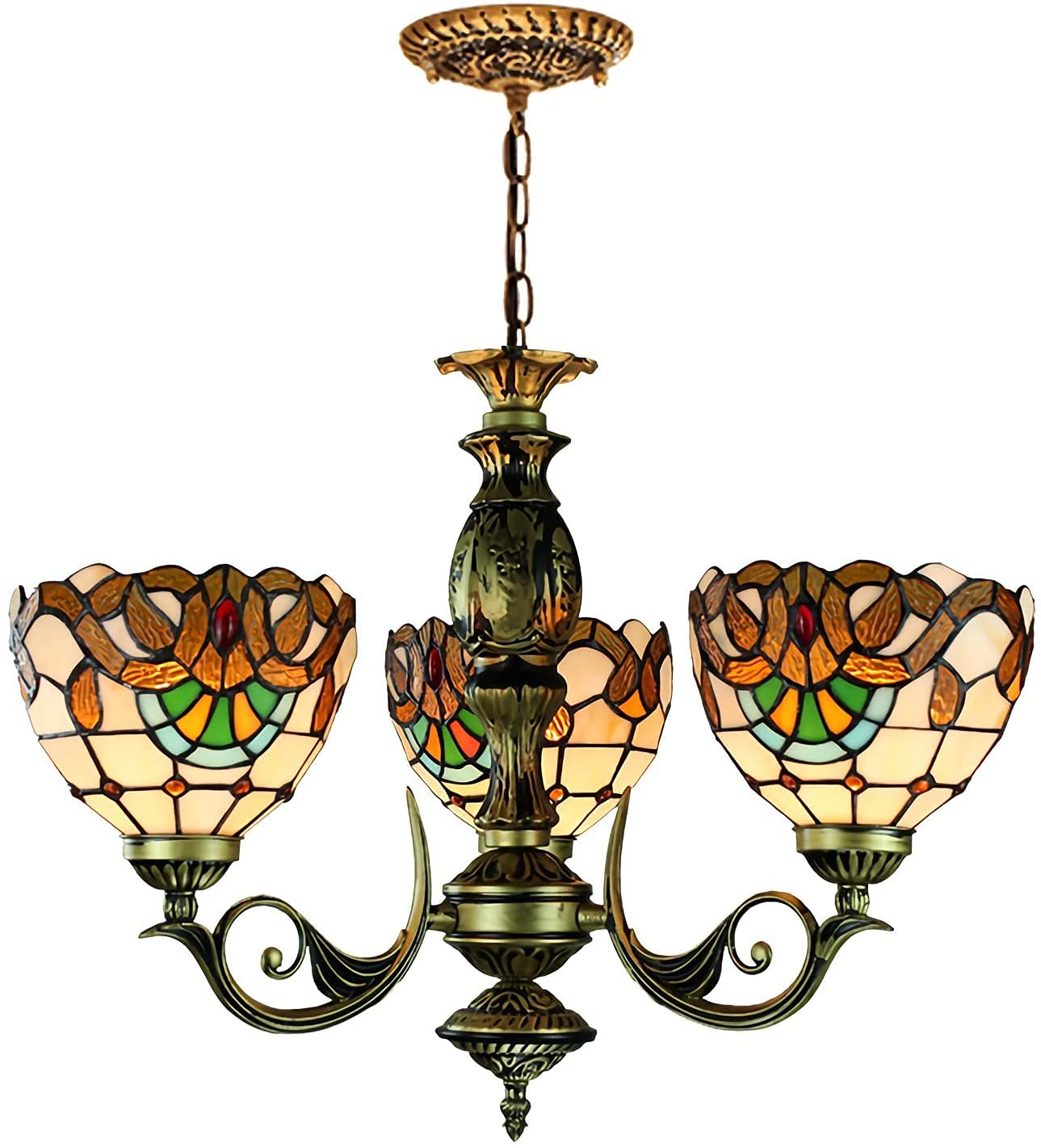 Vintage Tiffany Style Spider Lamp - Stained Glass Pendant Ceiling Light with Baroque Metal Frame - 3 Lights for Bedroom, Dining Room, Kitchen Island & Bar Decor | Perfect for Vintage Home Decor, Restaurant Lighting & Gothic Interior Design