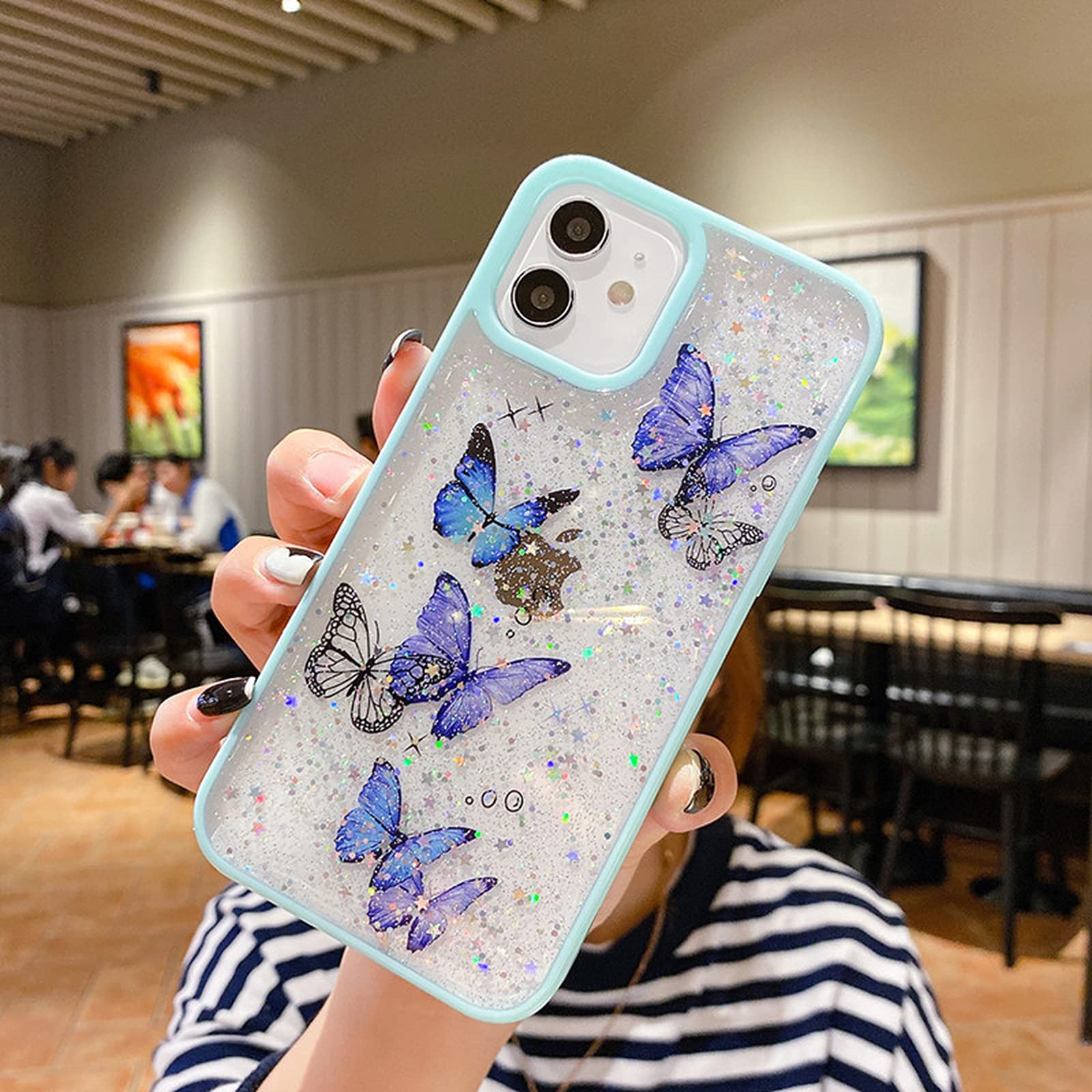 Gorgeous Clear Glitter Butterfly Soft Phone Case for iPhone 12 Mini 11 Pro Max Xs Max Xr X 6S 7 8 Plus SE - Cute Shell Green - Perfect for Everyday Use and Gift Giving