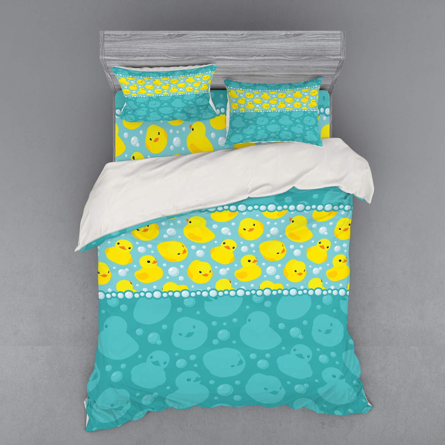 Ambesonne Rubber Duck Duvet Cover Set - Yellow Cartoon Duck Swimming Water Pattern with Bubbles, 4-Piece Queen Size Bedding Set with Shams & Fitted Sheet in Teal Blue - Fun Kids Room Decor, Nursery Bedding, Bathroom Themed Bedroom Accessories