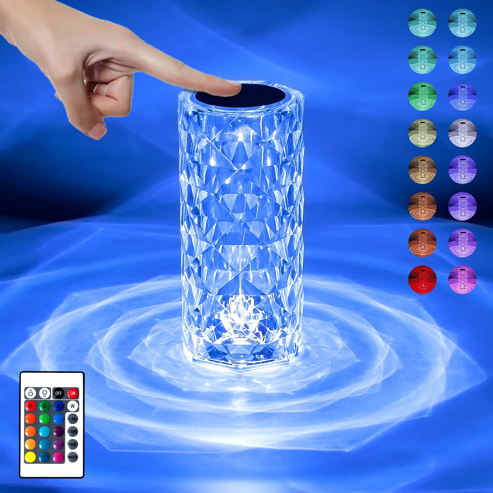 Rechargeable 16-Color Changing Crystal Rose Lamp with Touch Control - Diamond Table Night Light for Bedroom, Living Room, Nightstand, Party & Romantic Decor