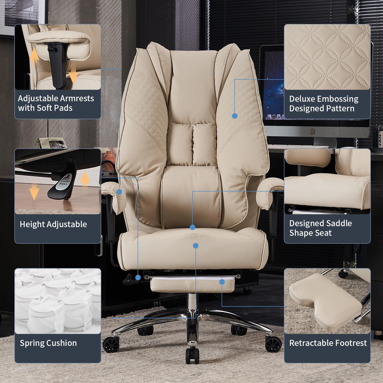 Big and Tall Office Chair 400lbs Capacity - Wide Seat Leather Executive Chair with Adjustable Lumbar Support & Footrest - Ergonomic High Back Computer Chair for Back Pain Relief (Beige) - Perfect for Home Office, Gaming, and Long Work Sessions