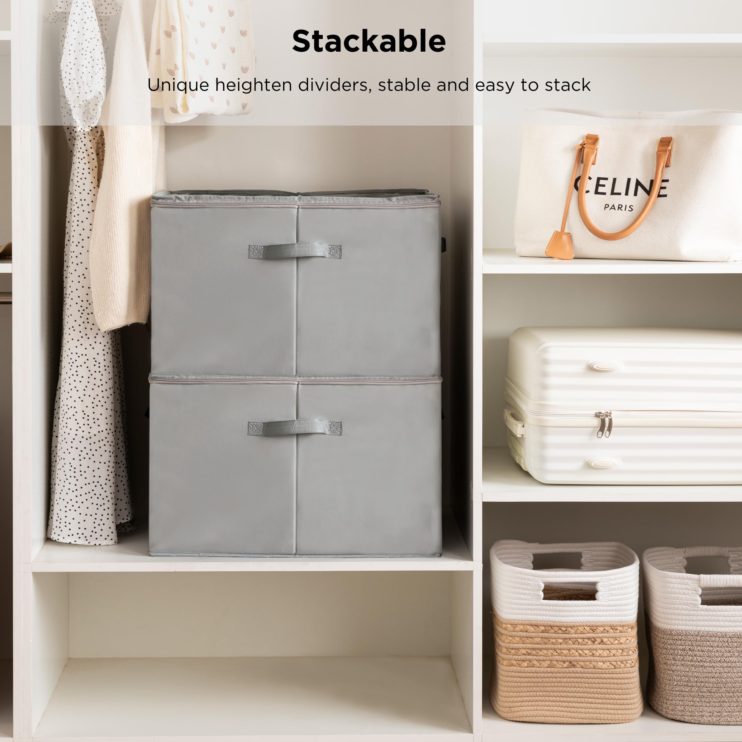 HBlife 2 Pack Large Foldable Shoe Storage Organizer Box with Clear Cover & Adjustable Dividers - Stackable Space Saving Shoe Bin for Closet - Holds Up to 16 Pairs (Grey) - Perfect for Bedroom, Entryway & Dorm Organization