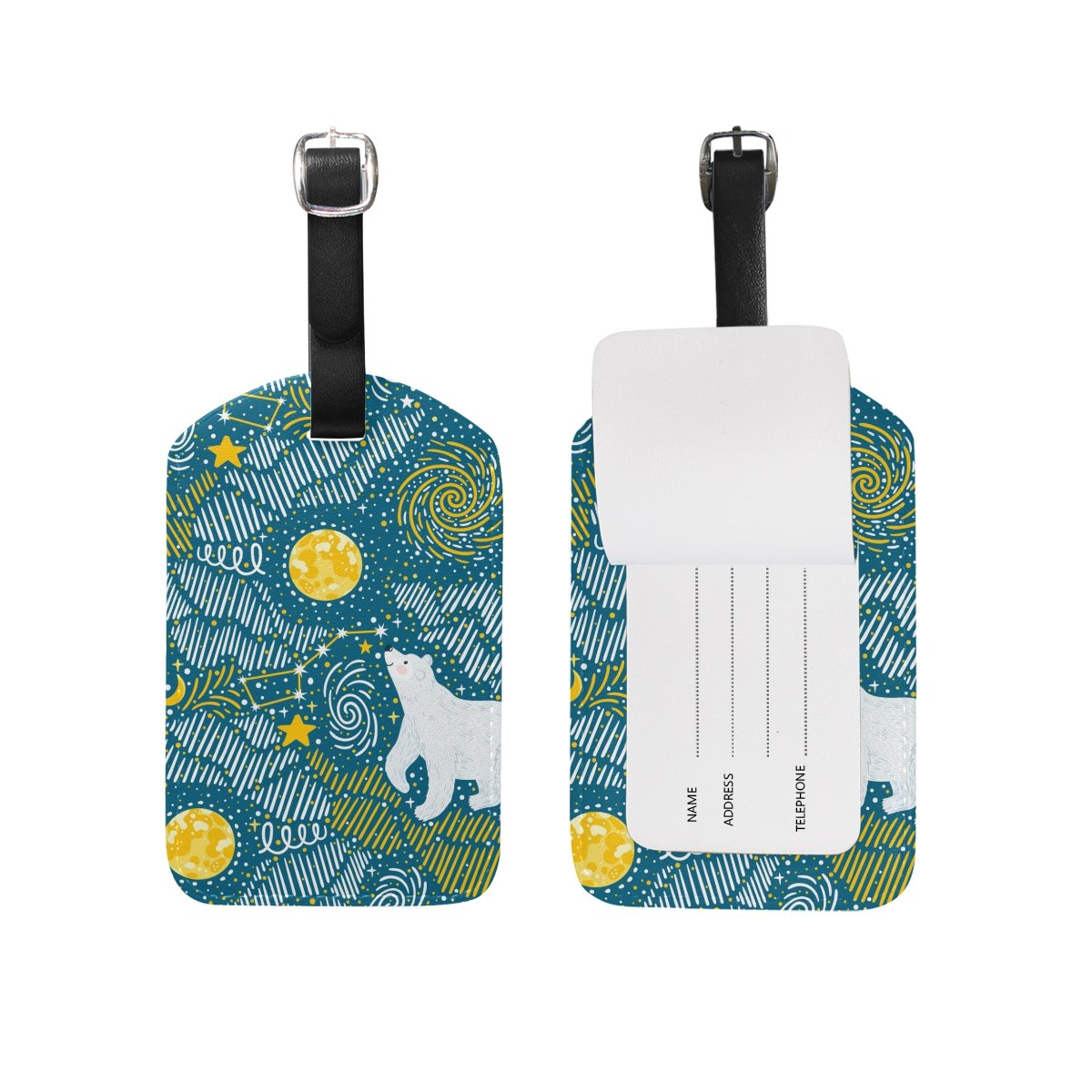 ALAZA Polar Bear Moon Star Luggage Tags - PU Leather Suitcase ID Labels for Travel Bags | Perfect for Airports, Cruise Ships & Business Trips