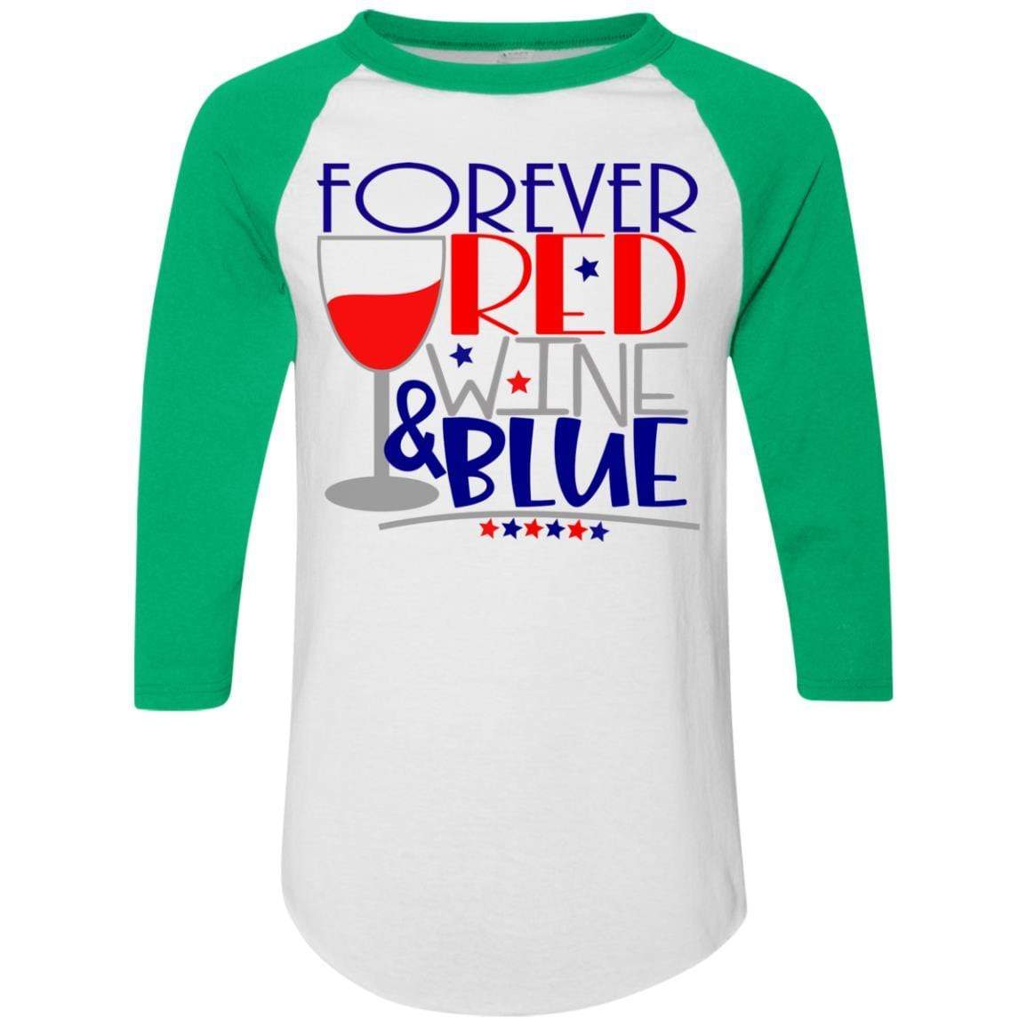 WineyBitches.Co Forever Red Wine & Blue Colorblock Raglan Jersey - Stylish Baseball Tee for Casual Wear, Girls Night Out & Patriotic Events