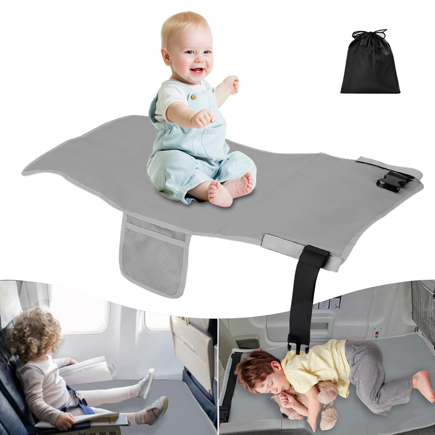 FOTN Toddler Airplane Bed - Portable Kids Travel Seat Extender & Footrest for Safe Baby Sleep on Flights | Essential Airplane Bed for Infants & Long Trips | Perfect for Family Vacations & Overnight Travel (Grey)