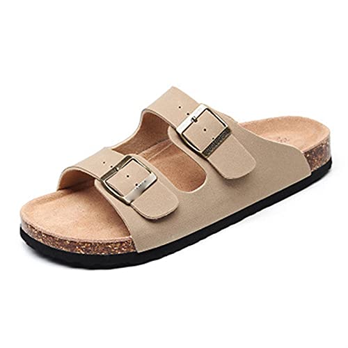 **Yuxahiugtuox Men's & Women's Leather Clogs - Soft Cork Two-Buckle Slides Sandals in Beige (Size 15) | Comfortable Slippers for Home, Garden & Casual Wear**