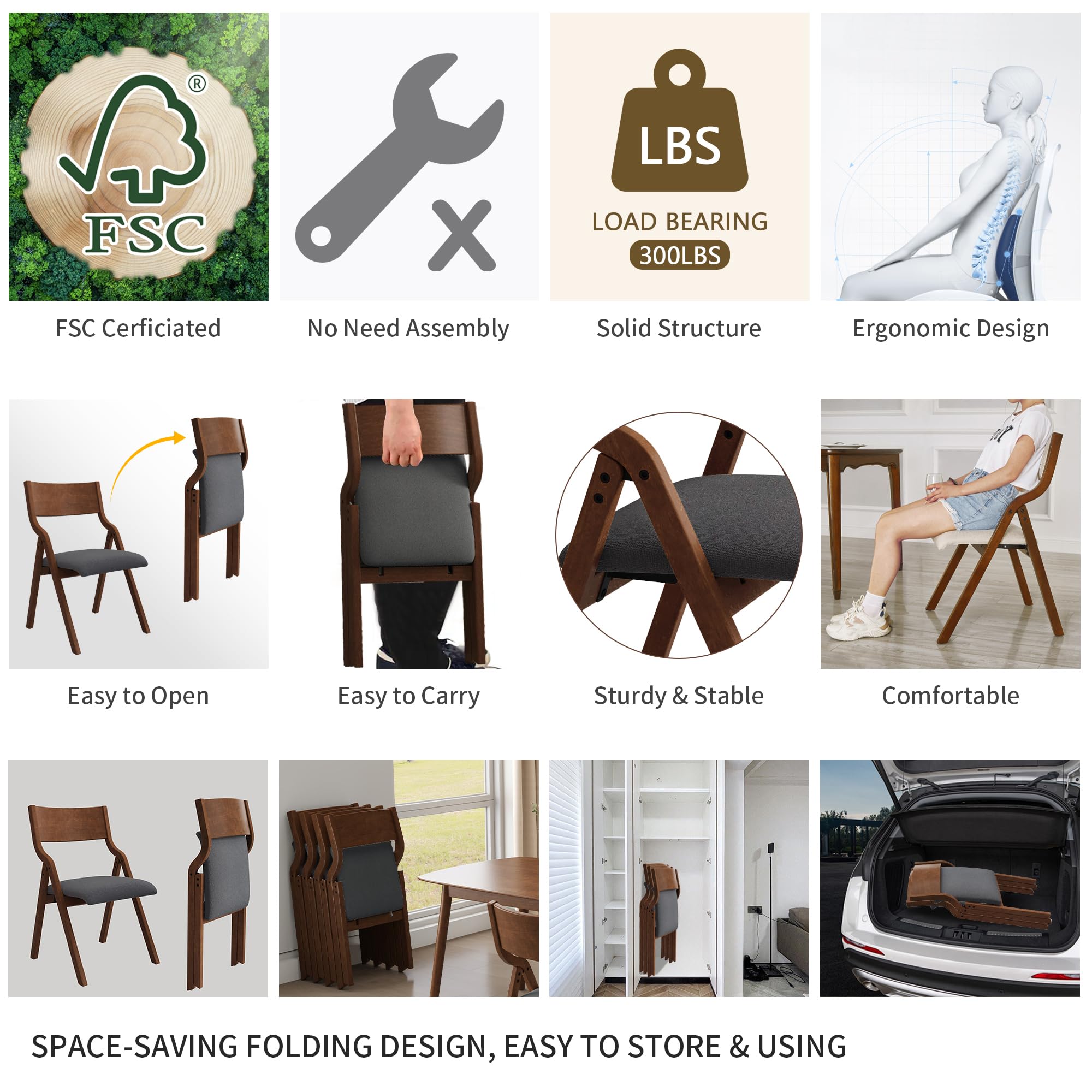 2-Pack Folding Wooden Chairs with Padded Seat - Ergonomic Back Support & Cushion - Portable Dining Chairs for Home, Restaurant, Kitchen, Office - Perfect for Small Spaces, Outdoor Dining & Extra Seating