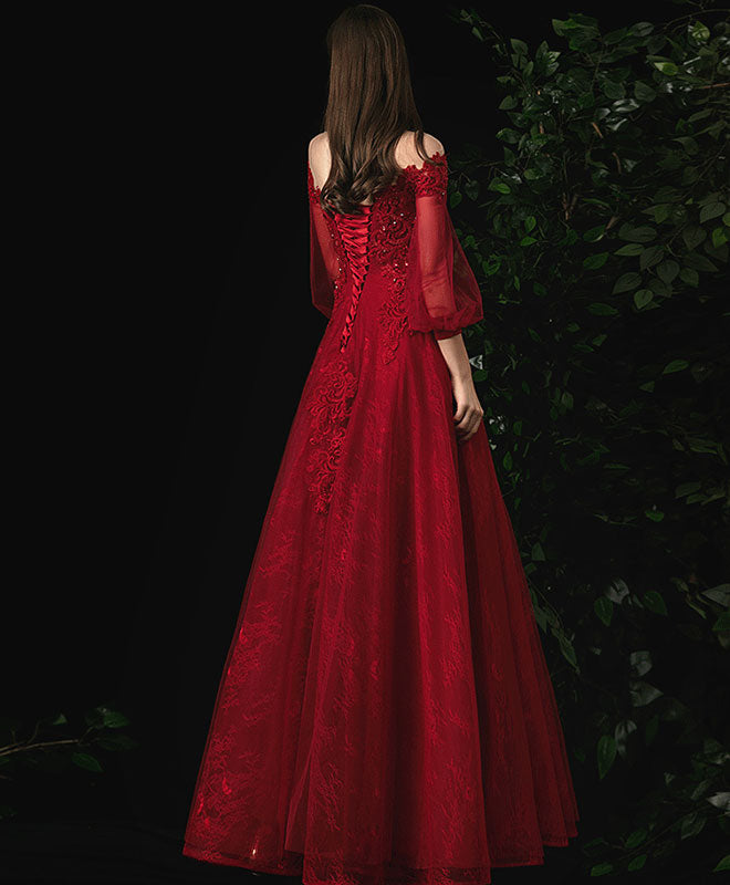 Elegant Burgundy Round Neck Tulle Lace Prom Dress | Formal Evening Gown for Homecoming, Wedding & Special Occasions