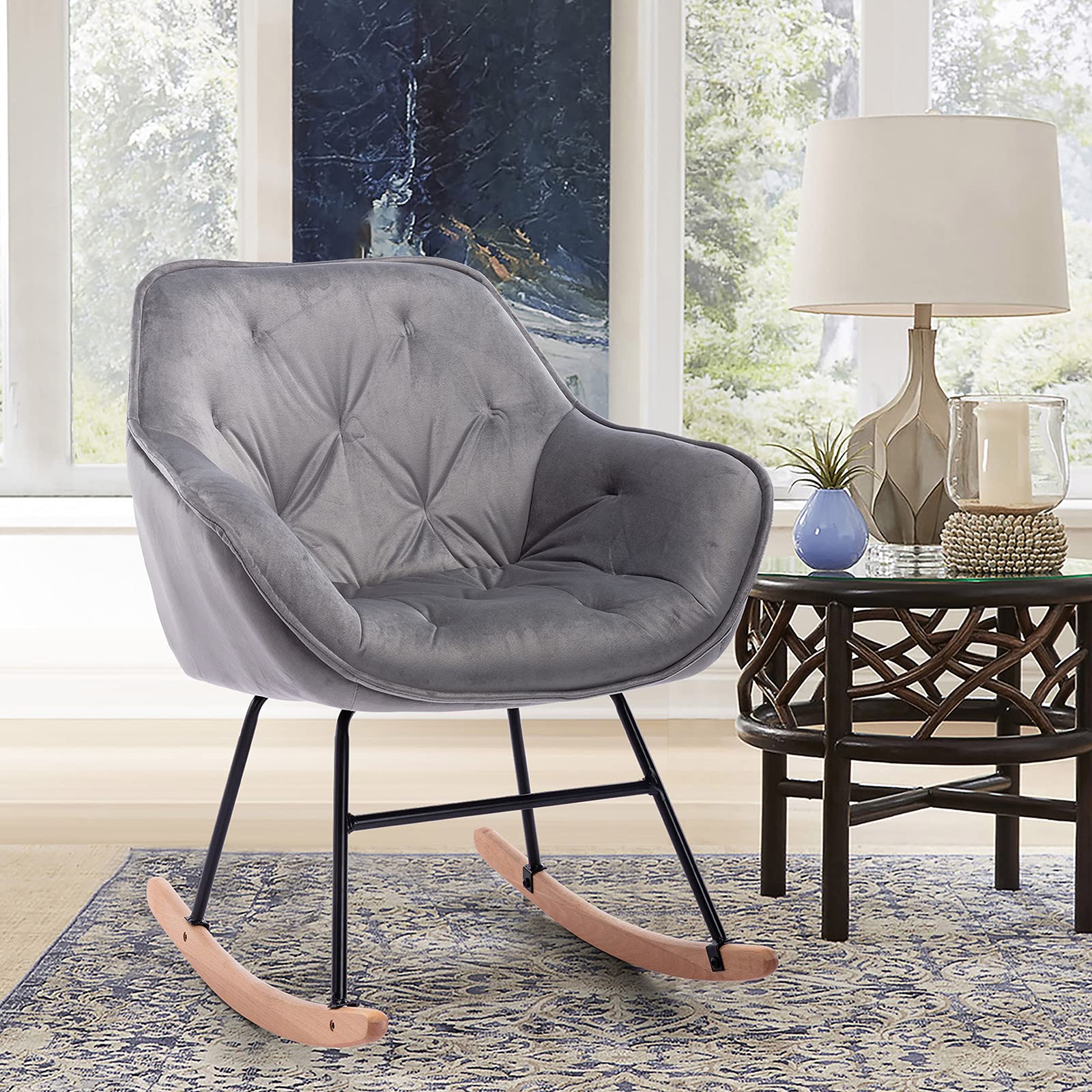 Modern Velvet Upholstered Rocking Chair with Solid Wood Base - Comfortable Nursery, Living Room & Bedroom Accent Chair (Grey) | Perfect for Nursing, Relaxing & Home Decor