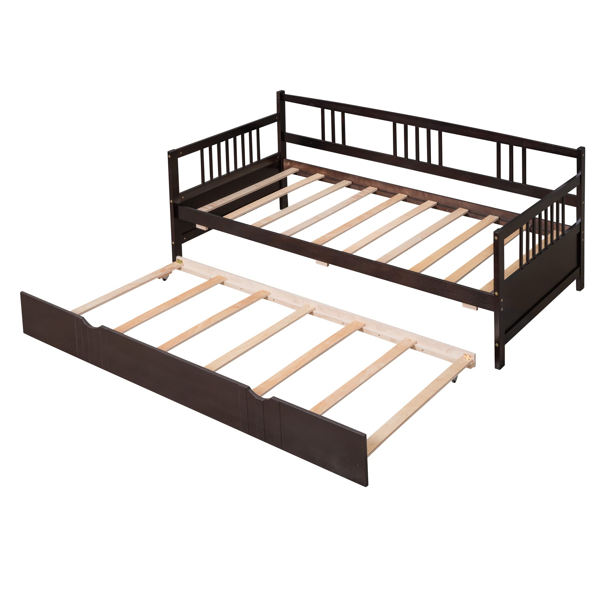 Harper & Bright Designs Twin Daybed with Trundle - Solid Wood Convertible Sofa Bed for Living Room, Guest Room & Kids Bedroom - No Box Spring Needed - White & Espresso - Perfect for Sleepovers, Space Saving & Multi-functional Furniture