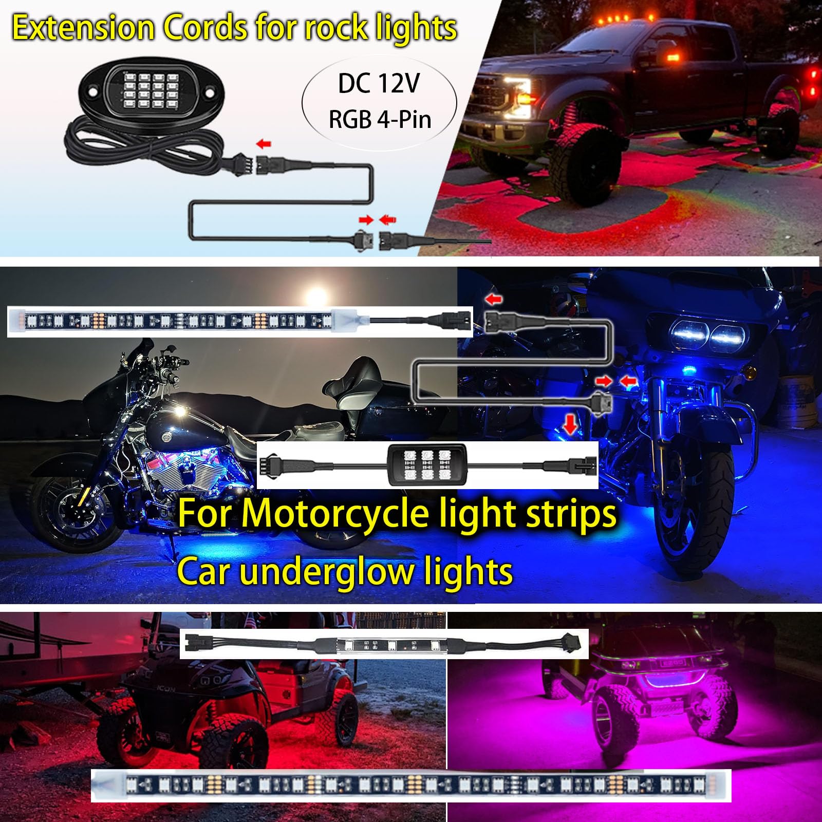 4-Pack 60-Inch Heavy Duty Extension Cords for RGB Neon Accent Lights - Waterproof Rock Light Extension Cable for Motorcycle, ATV, Golf Cart & Car Underglow Lighting - Perfect for Off-Road, Night Rides & Custom Vehicle Lighting