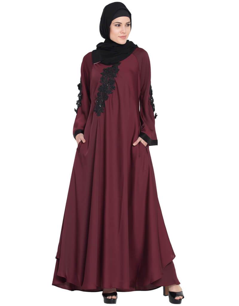 Elegant Arabic Embroidered Patch Umbrella Abaya in Maroon - Perfect for Modest Fashion, Special Occasions & Cultural Events