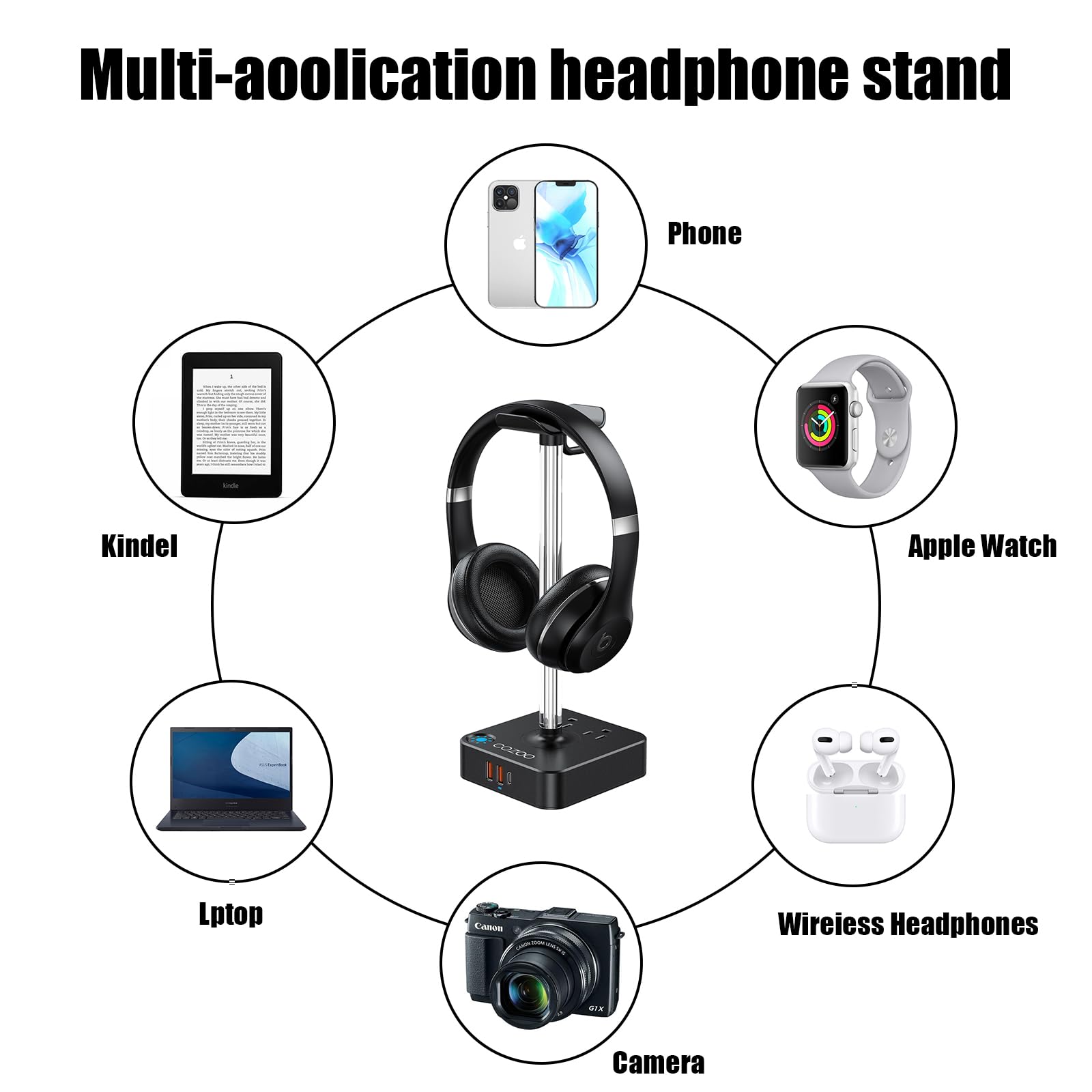 RGB Gaming Headphone Stand with USB Charger & 2 Outlets - COZOO Desktop Headset Holder for Wireless Earphones, DJ Equipment & PC Gaming Setup - Perfect for Gaming Room, Office Desk & Gamer Gift Ideas