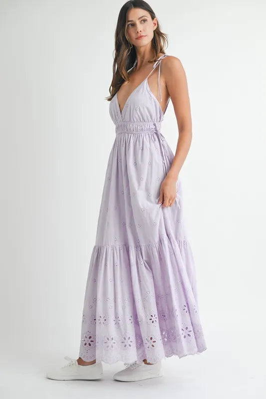 Elegant Eyelet Lace Maxi Dress with Adjustable Side Straps - Perfect for Summer Weddings, Beach Vacations & Boho Chic Outfits