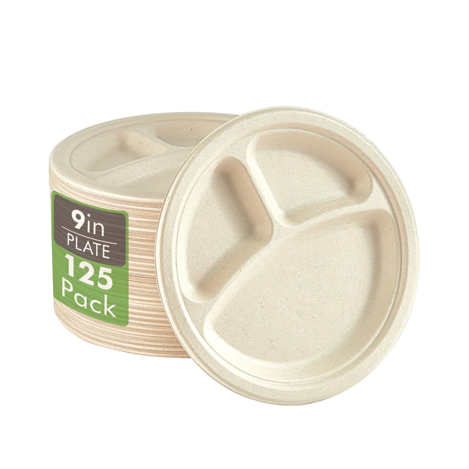 Vplus 100% Compostable 9 Inch 3 Compartment Paper Plates - 125 Pack Heavy Duty Biodegradable Plates Made from Sugarcane Fiber | Eco-Friendly Disposable Tableware for Daily Meals, Dinner Parties, BBQs, Picnics & Outdoor Events