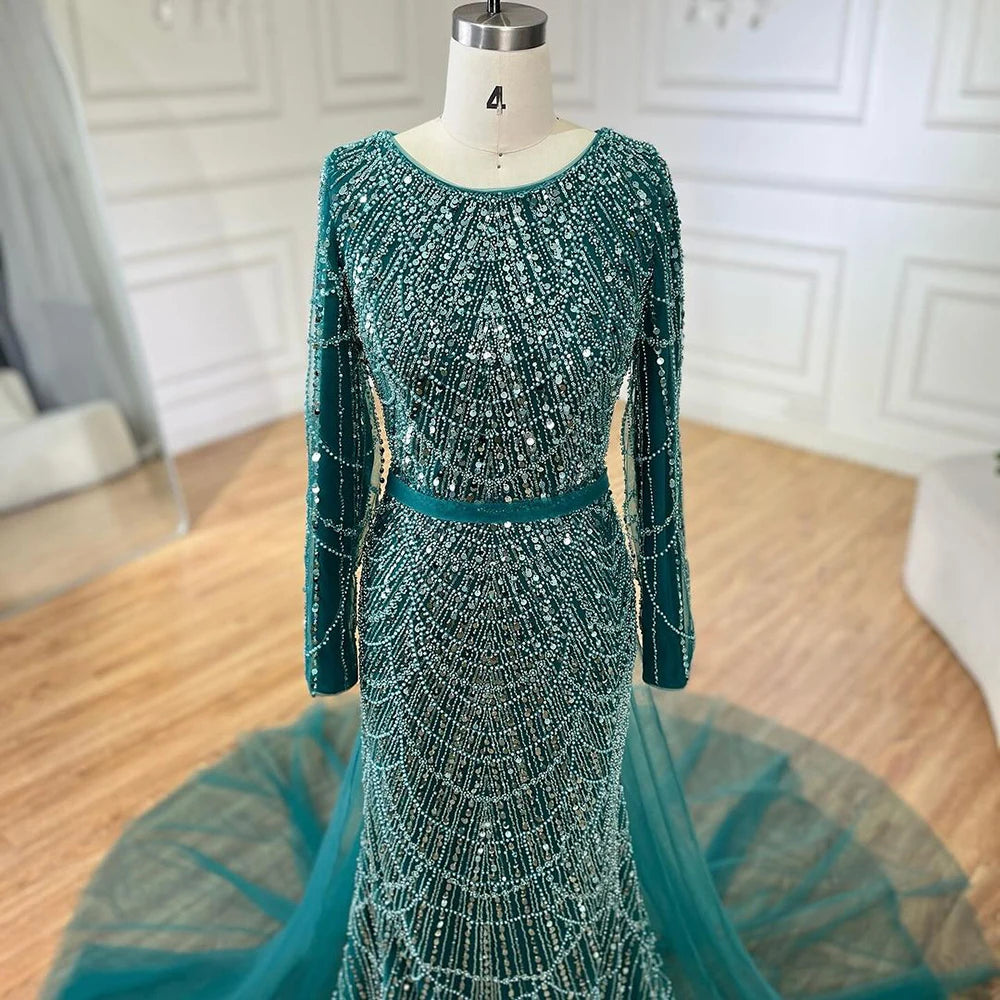 Luxury Green Beaded Mermaid Evening Dress for Muslim Women - Dubai Wedding Party Gown with Overskirt - Serene Hill LA72032D | Perfect for Formal Events, Bridal Showers & Special Occasions