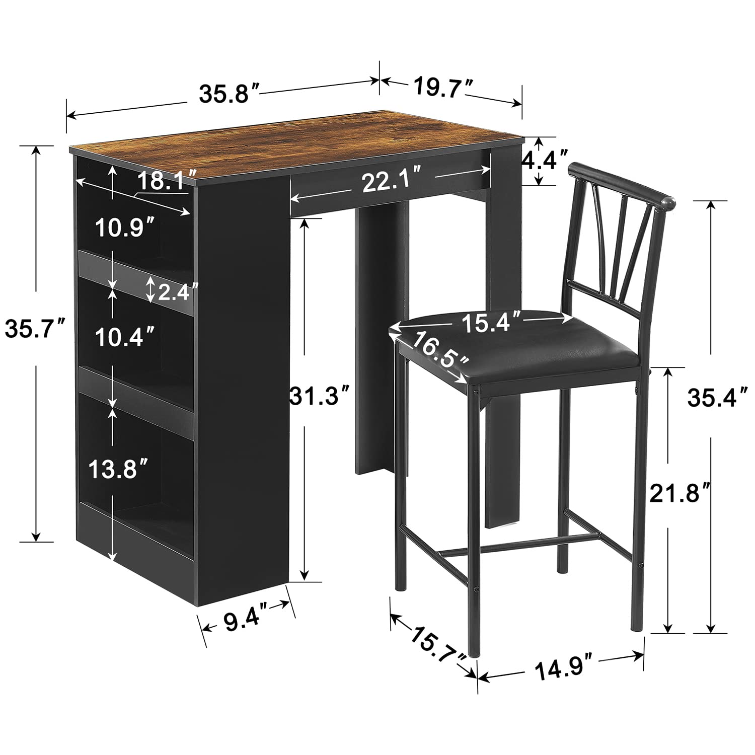 VECELO 2-Piece Small Bar Table and Chairs Set with Storage Shelves - Space Saving Tall Kitchen Breakfast Nook Dining Set for Two, Black - Perfect for Small Apartments, Studio Kitchens and Cozy Breakfast Corners