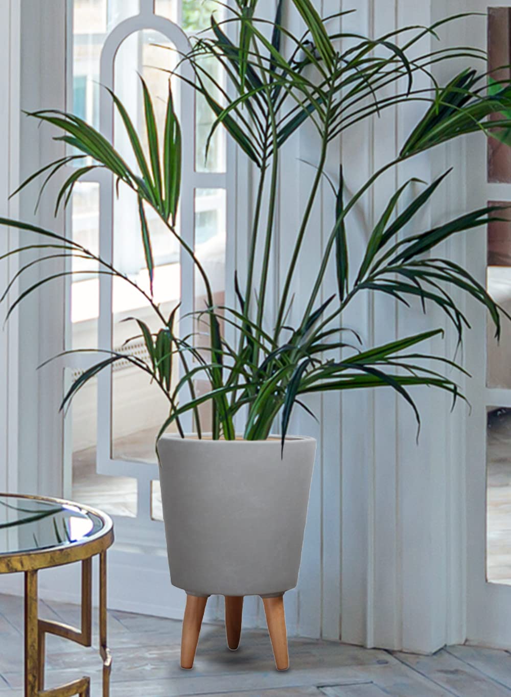 Serene Spaces Matte Grey Ceramic Plant Pot Holder with Wooden Legs - 15