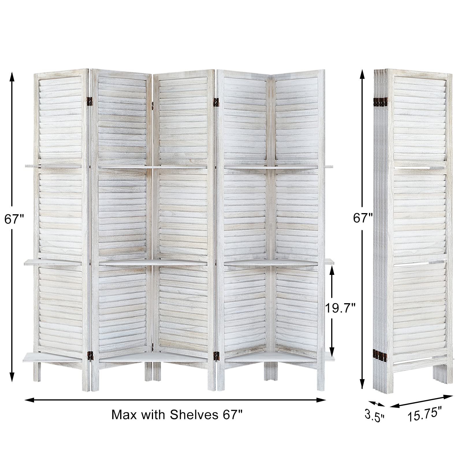 5-Panel Wooden Room Divider with Shelves - Privacy Screen & Folding Partition Wall Separator - Coconut Finish for Home Office, Bedroom, and Living Room Space Division
