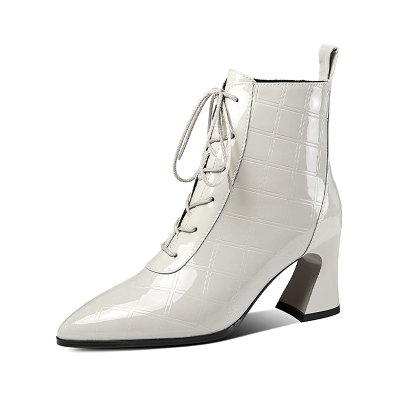TinaCus Women's Fashionable Patent Leather Pointed Toe Ankle Boots - Handmade Lace-Up Checkered Design with Spool Heel for Plus Size | Perfect for Office, Party & Casual Outfits