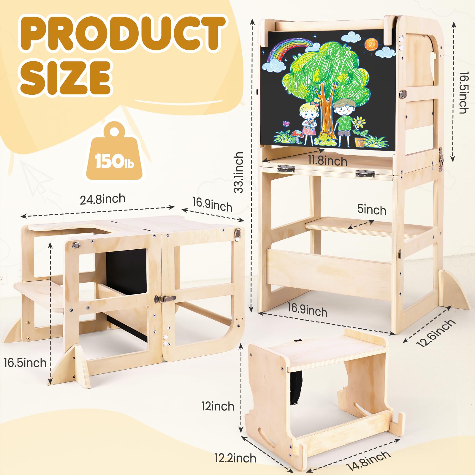 6-in-1 Multifunctional Toddler Step Stool with Foldable Learning Tower, Blackboard & Feeding Tray - Wooden Kitchen Helper for Kids Ages 1-3 - Perfect for Cooking, Learning & Playtime - Ideal Gift for Boys & Girls