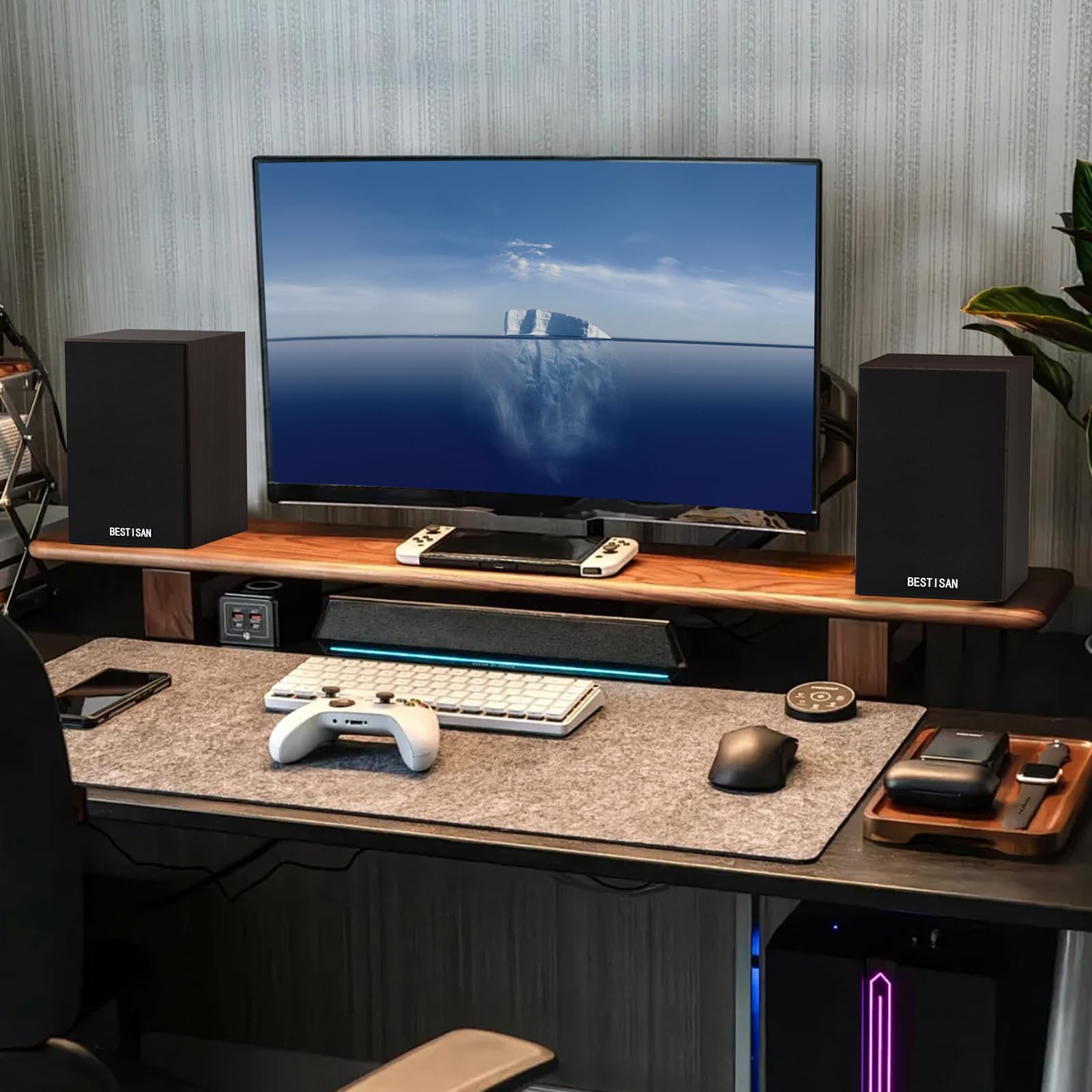 BESTISAN Bookshelf Speakers - Powered Bluetooth Speakers with 4 Inch Woofer, RCA Input, Sub Output, Wood Grain Design - Perfect for Home Theater, Gaming, and Music Listening