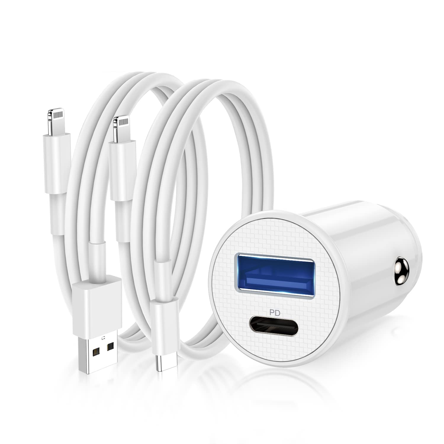 Apple MFi Certified USB C Car Charger - Fast Charging Dual Port Cigarette Lighter Adapter for iPhone 14/13/12/11/XS/Plus & iPad - Includes 2Pack Lightning to USB C/A Cables - Perfect for Road Trips & Daily Commutes