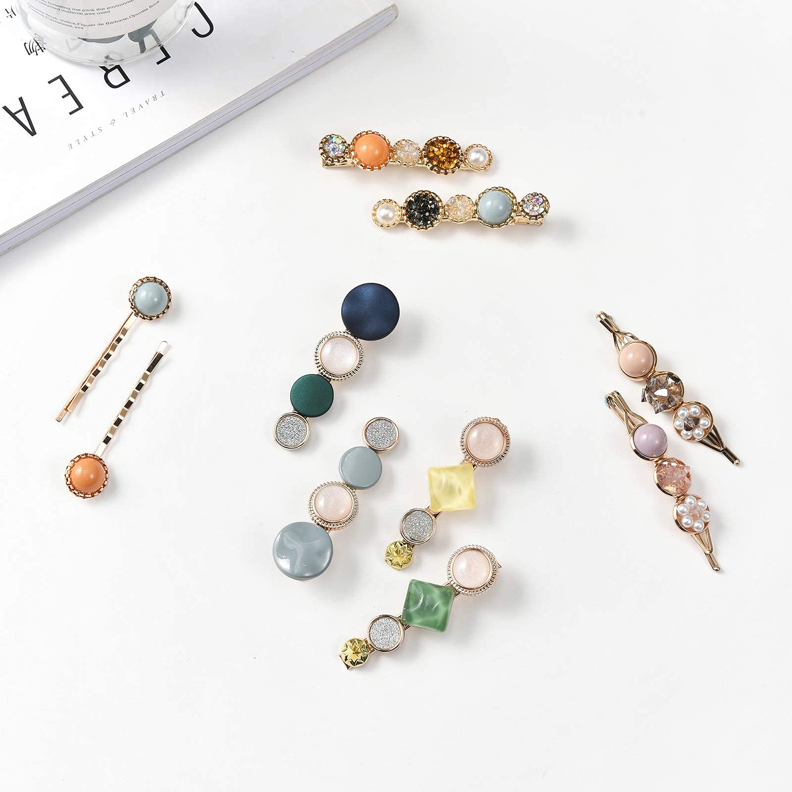 Mehayi 20 PCS Handmade Macaron Pearls & Acrylic Resin Hair Clips - Cute Hair Barrettes, Bobby Pins with Glitter Crystal Geometric Design, Elegant Gold Hair Accessories for Women & Girls (Perfect for Weddings, Parties & Daily Styling)