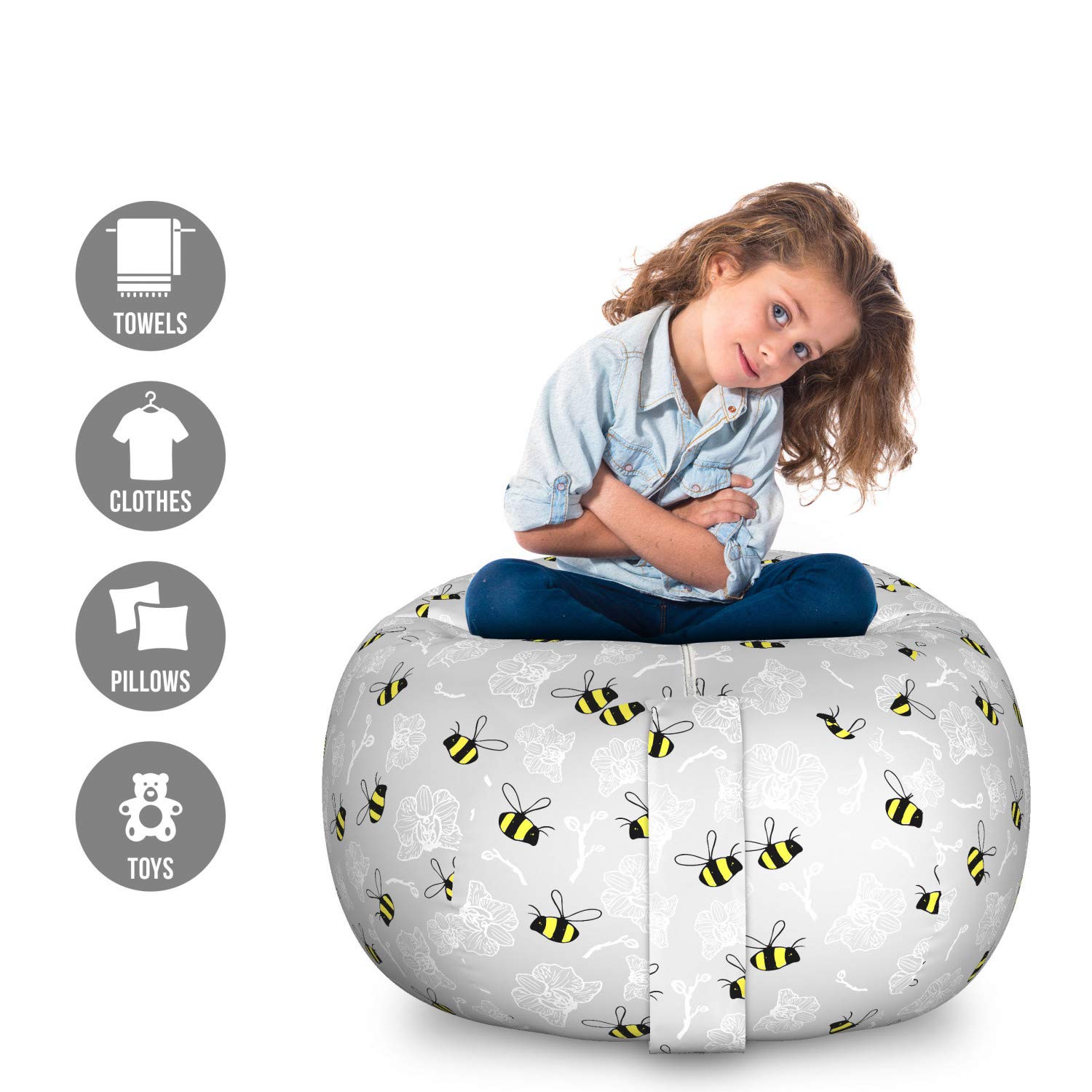 Ambesonne Large Washable Storage Toy Bag Chair - Bumblebee & Orchid Entomology Print, Stuffed Animal Organizer (Yellow & Charcoal Grey) - Perfect for Kids' Room, Playroom & Nursery Organization