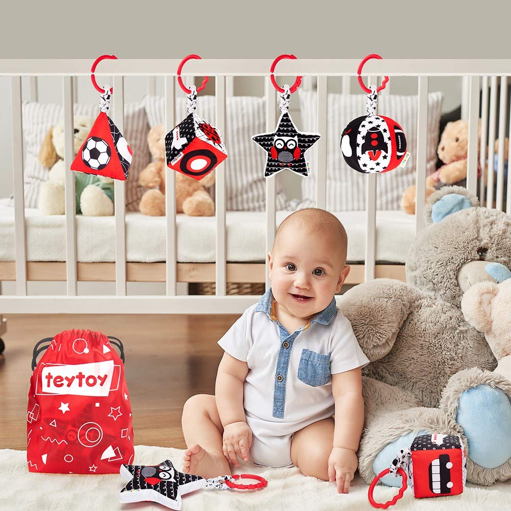 TeyToys High Contrast Black & White Baby Stroller Toys with Rattle - Newborn Sensory Toys for 0-12 Months - Easy Clip Hanging Developmental Toys for Crib, Car Seat & Stroller - Perfect for Visual Stimulation & Early Learning