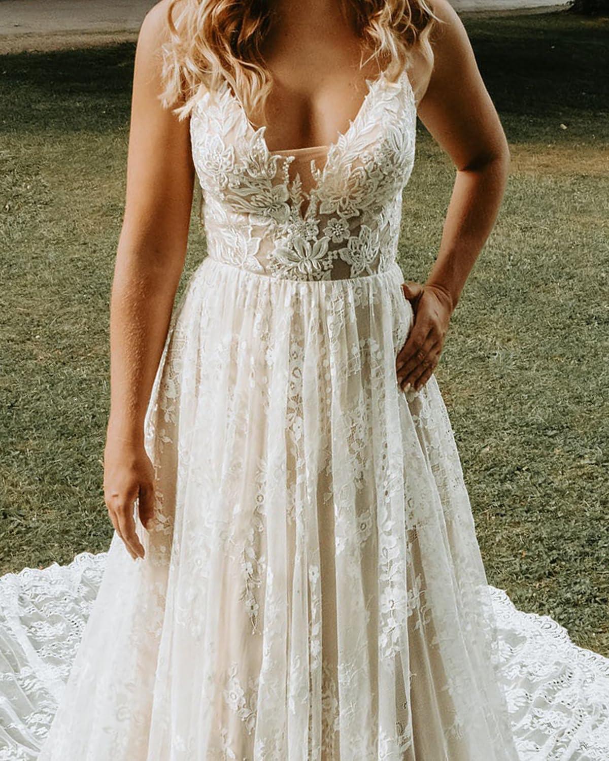 Boho Lace Wedding Dress for Bride - Long Beach Bridal Gown with Spaghetti Straps, V-Neck & Train | Perfect for Beach Weddings, Outdoor Ceremonies & Boho Chic Bridal Looks