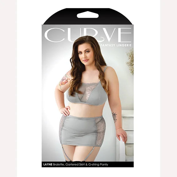 Layne Bralette Gartered Skirt & G-String Set in Gray - Plus Size 1X/2X - Sexy Lingerie for Date Night & Boudoir Photography