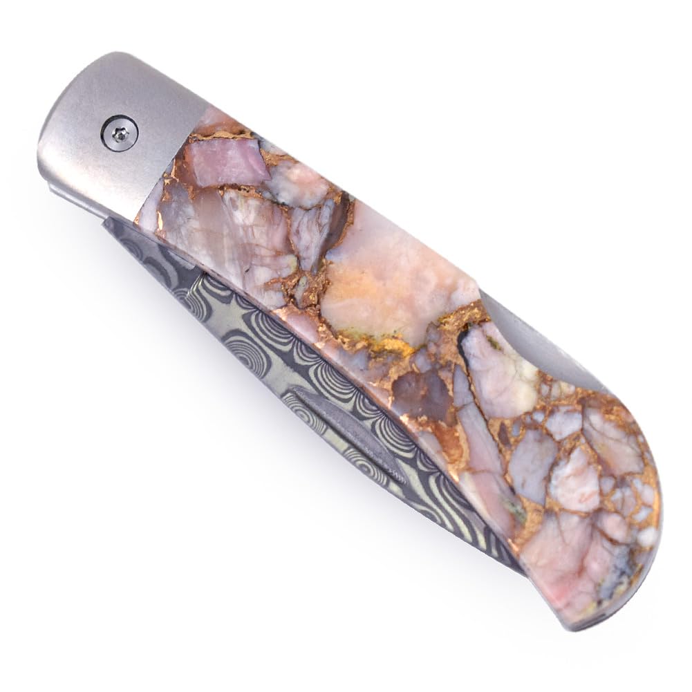 Premium Folding Pocket Knife with Damascus Steel Blade, Handcrafted Pink Peruvian Opal Handle, 3