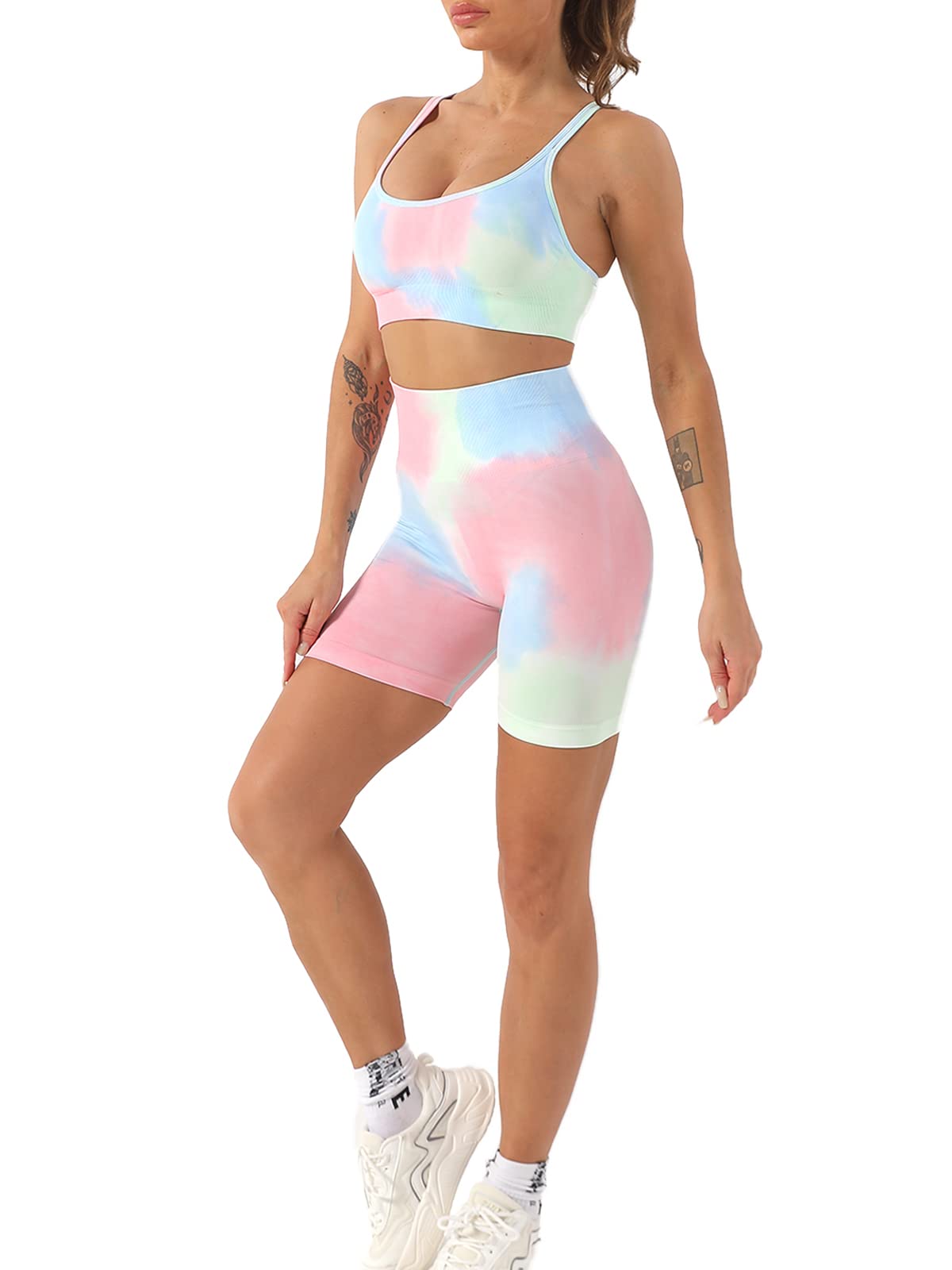 SERENYOU Women's 2-Piece Workout Set - Seamless High Waist Yoga Shorts with Tummy Control & Tie Dye Pattern | Gym, Running, Yoga & Lounge Wear for Women