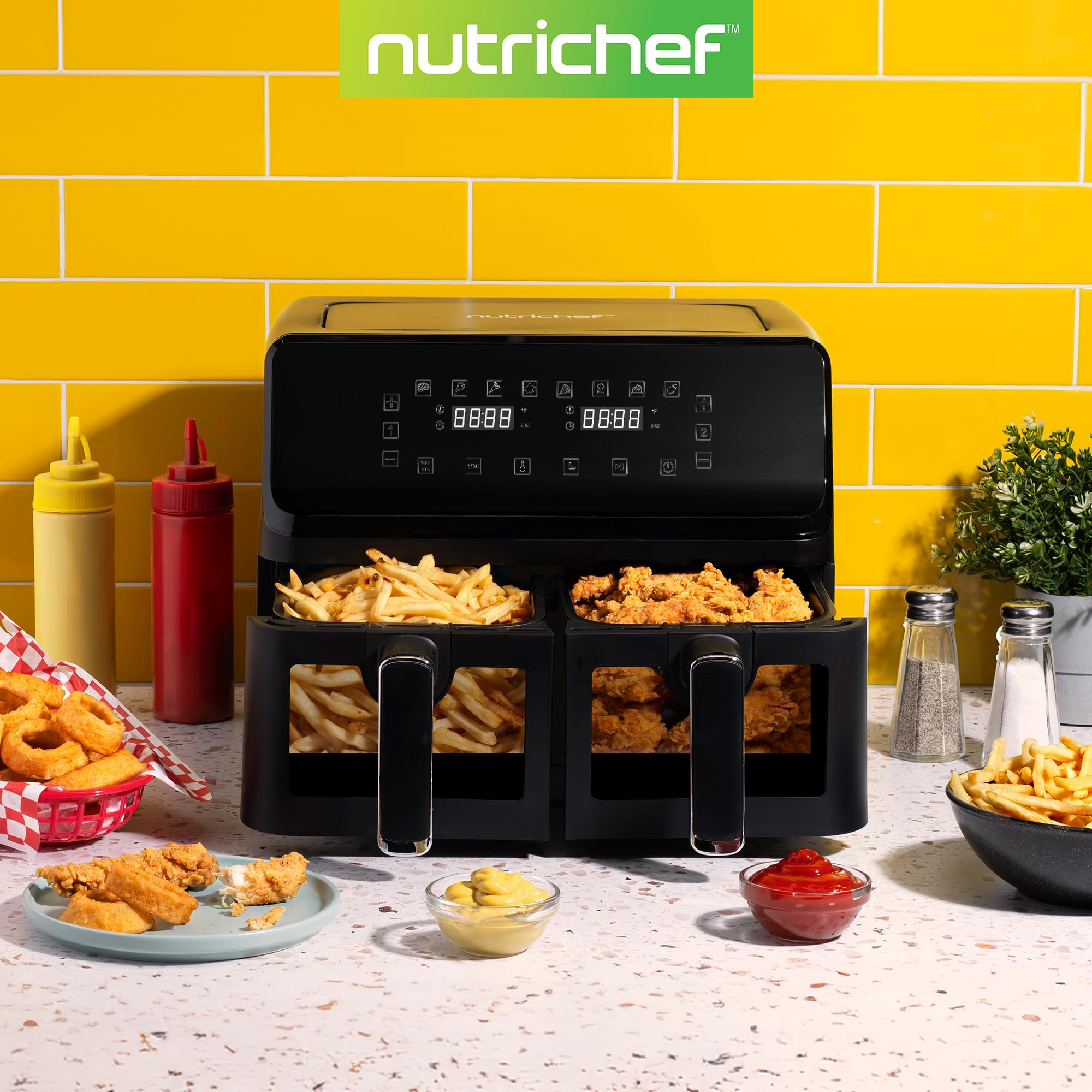Nutrichef 8.8 QT Double Basket Air Fryer - Large Family Size Oil Free Air Fryer with View Window, 9 Preset Cooking Functions & 360° Hot Air Circulation - Perfect for Healthy Frying, Baking, Roasting (4.4 QT per Basket, Black) - Ideal for Family Meals, Party Snacks & Quick Weeknight Dinners