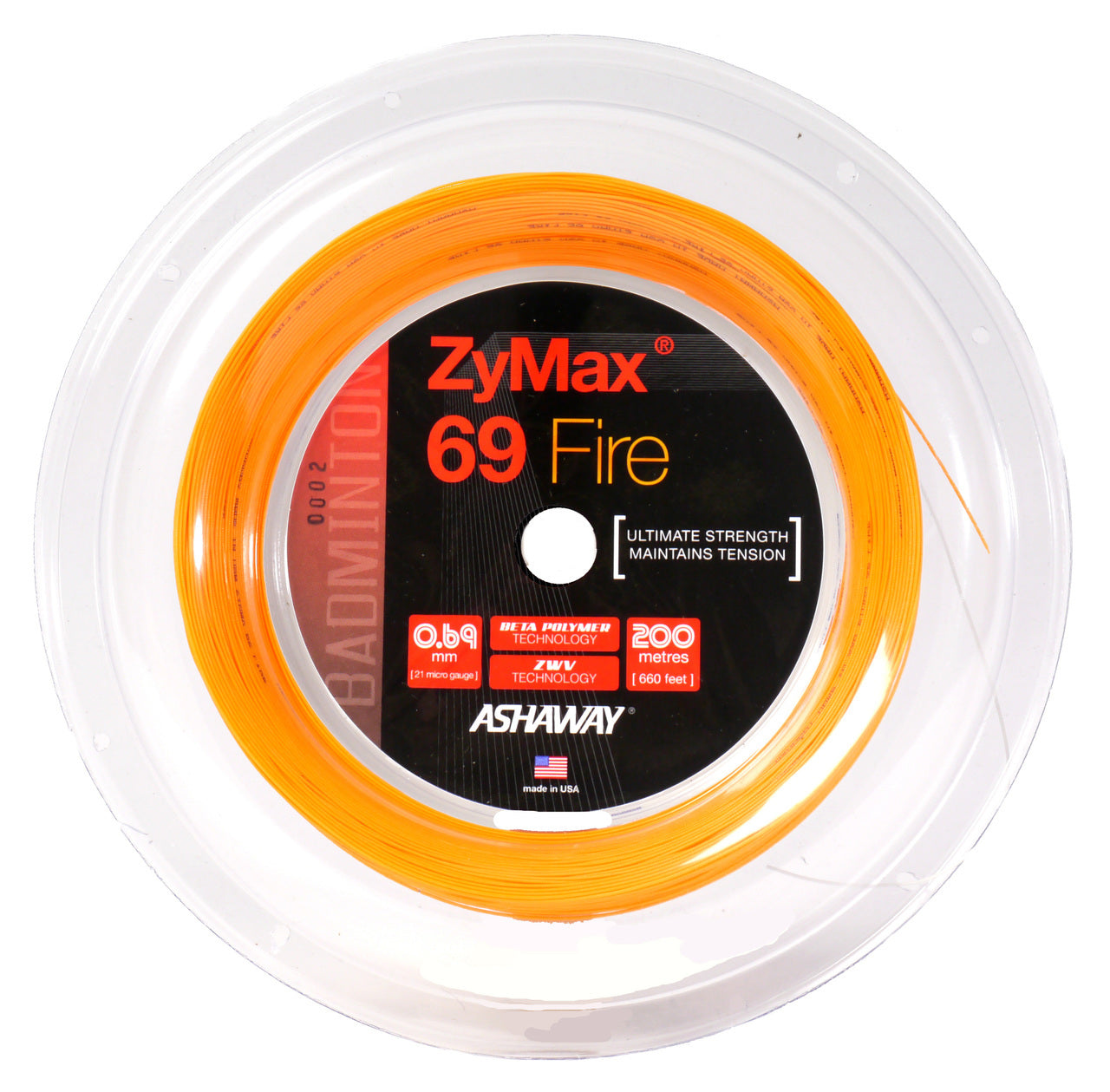 Ashaway Zymax 69 Fire Badminton String Reel - 200m High Performance Nylon String for Badminton Rackets | Perfect for Tournament Play & Professional Training