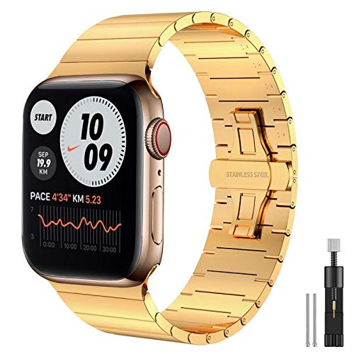 Fitlink Upgraded Stainless Steel Metal Watch Band for Apple Watch Series 6/SE/5/4/3/2/1 - Gold, Compatible with 38mm 40mm Bands, Perfect for Workouts, Office & Everyday Wear