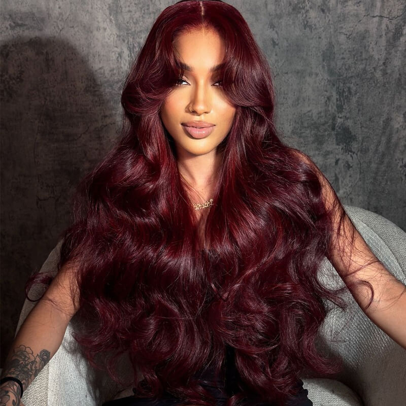Eullair 13x4 Lace Front Wigs Human Hair - Burgundy Brown Layered Curtain Bangs Wavy Medium Length Wig for Women | Perfect for Cosplay, Daily Wear & Special Occasions