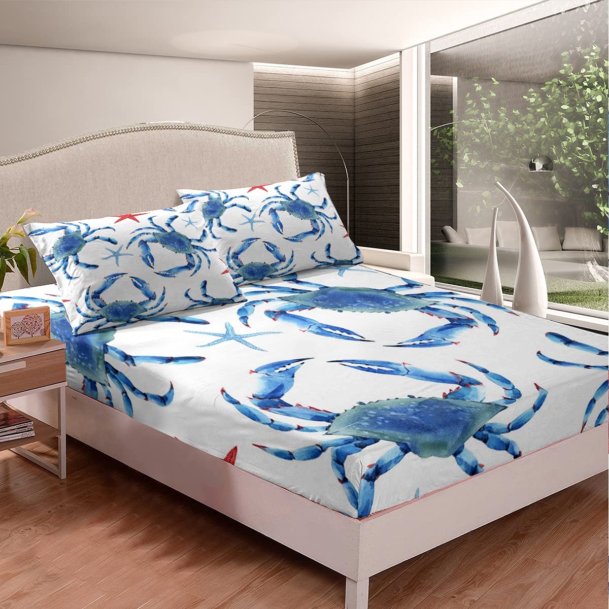 Feelyou Ocean Themed Crab & Starfish Fitted Sheet Set for Kids & Teens - Queen Size Marine Life Bedding with Sea Creatures Design - Perfect for Beach Themed Bedrooms, Coastal Decor & Nautical Room Makeovers