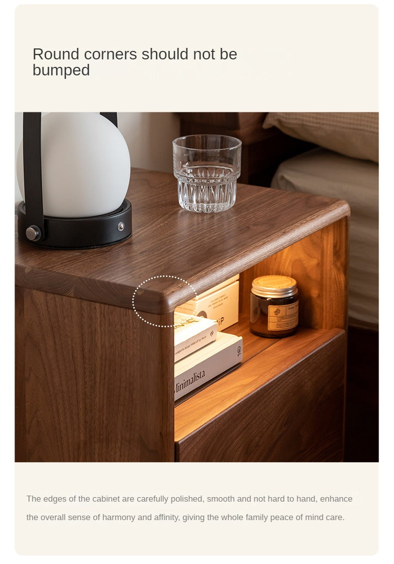 Premium Black Walnut & Ash Solid Wood Nightstand with Built-in Light - Modern Bedside Table for Bedroom Decor & Small Space Storage